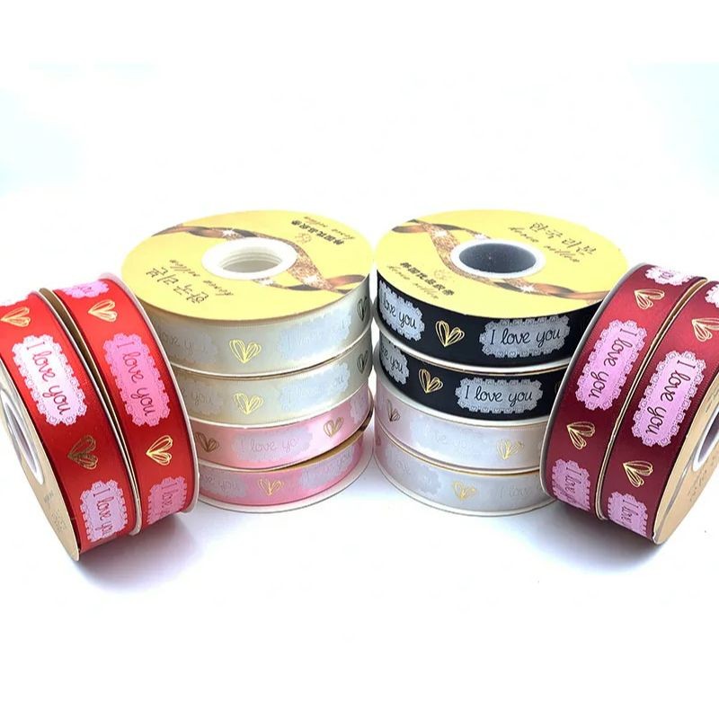 

50Yards 25mm Gold Foil Heart Ink I love you Satin Ribbon Valentine Series Welcome Custom Printed