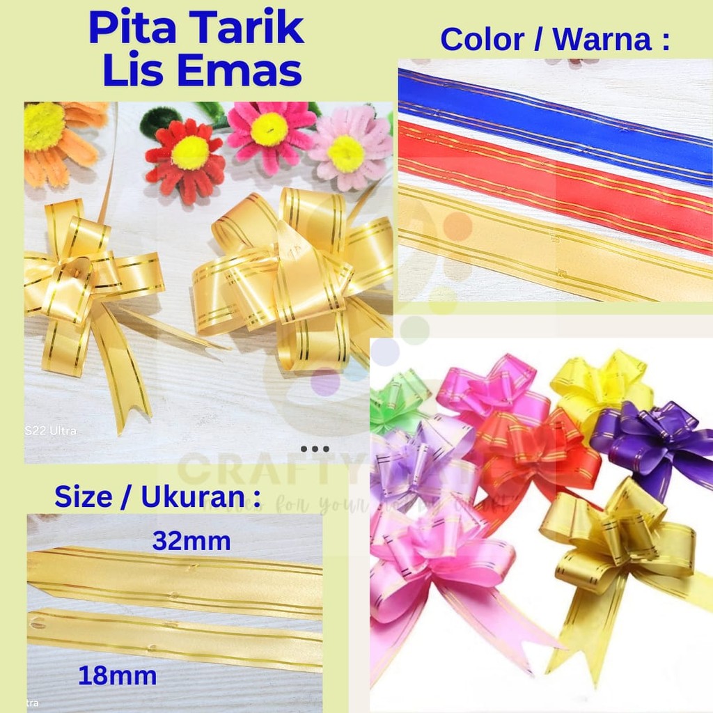 

[ECER | 2 PCS] 32MM PITA TARIK SERUT LIS EMAS | PULL FLOWER RIBBON STRIPE GOLD
