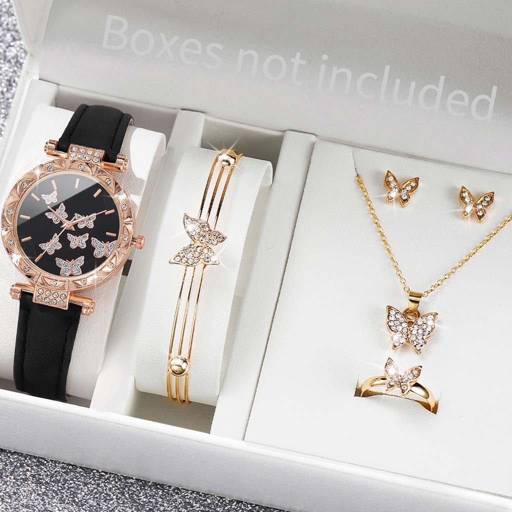 5PCS Jam Tangan Wanita Kuarsa Mode Kupu-kupu Kecil Berlian Penunjuk Dial Besar Tali Kulit PU Jam Tan