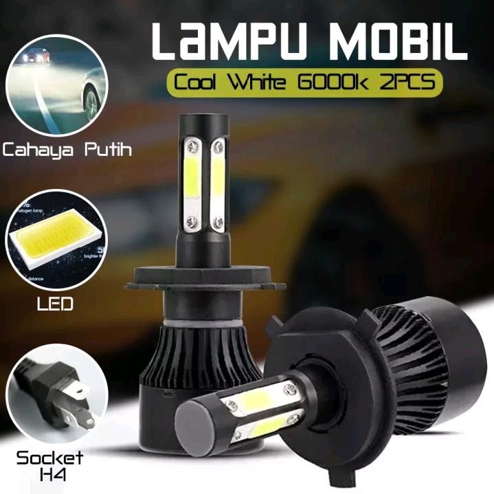 Lampu Utama Mobil LED Headlight Socket H4 Cahaya Terang Putih 12-24 Volt Lampu Depan Terang (2 PCS)