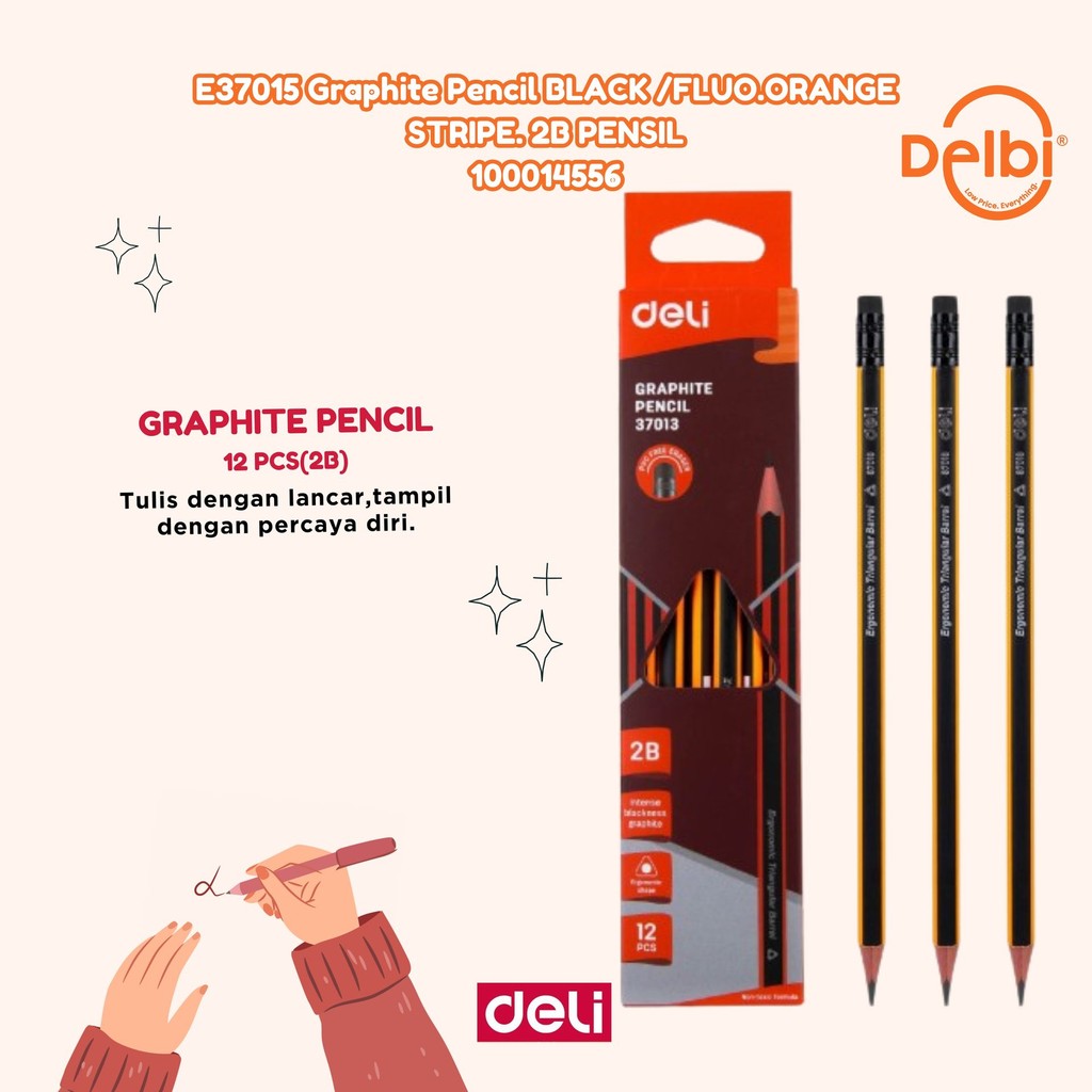 

Deli E37015 Pensil Grafit Segitiga 2B dengan penghapus isi 12pcs Graphite Pencil BLACK /FLUO.ORANGE STRIPE. 2B PENSIL BX2