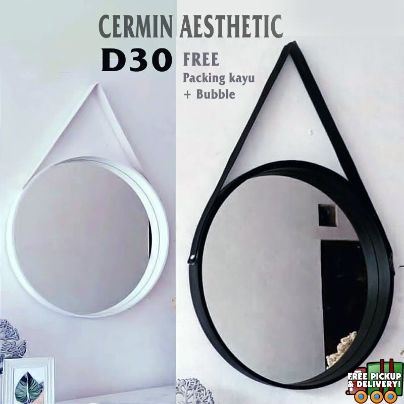 Cermin Bulat Aesthetic / Kaca Cermin Frameless Gantung Tali