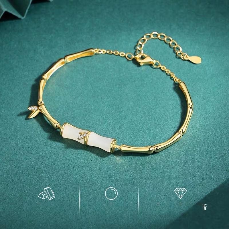 Gelang Giok Emas Asli Batu Alam Wanita Bracelet Segmen Bambu Giok Hetian China Lapis Emas 18K Anti K