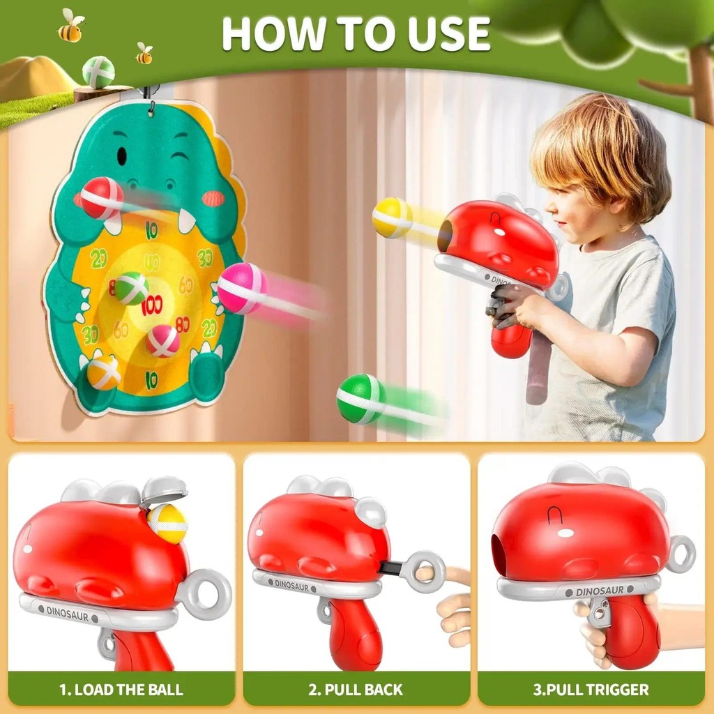 Cute Cartoon Dinosaur Sticky Ball Gun Catapult Target Dart Board Shoot Game Indoor Kid Interactive T