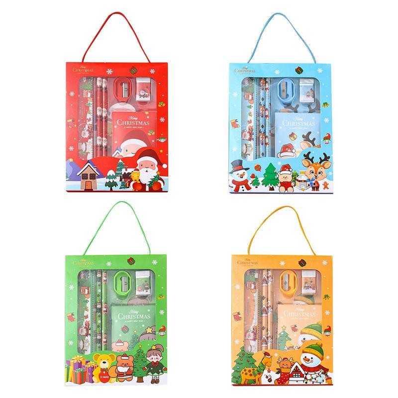 

Christmas Stationery Set Kids Cartoon Pencils Eraser Ruler Memo Pads Pencil Knife Set School Supplies Back To School Gift