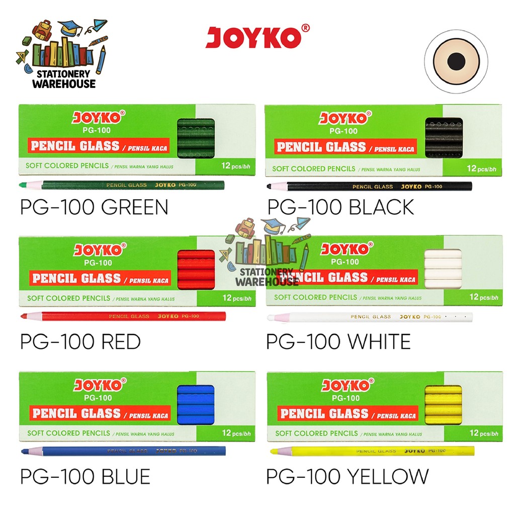 

Pencil Glass Pensil Kaca Warna Joyko PG-100 Hitam Biru Merah Putih Kuning Hijau 1 Box 12 Pcs