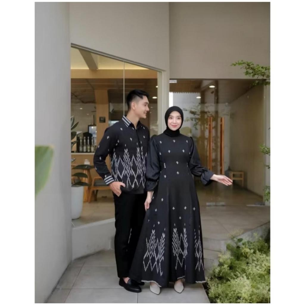 BAJU TENUN COUPLE - COUPLE DRESS AZELLA BLACK [DRESS LEBARAN WANITA] COUPLE PASANGAN