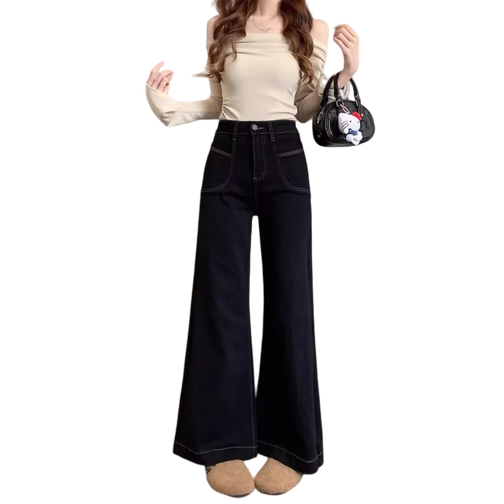 Jeans wanita Korea longgar hitam celana ukuran besar celana berkobar celana jeans pinggang tinggi