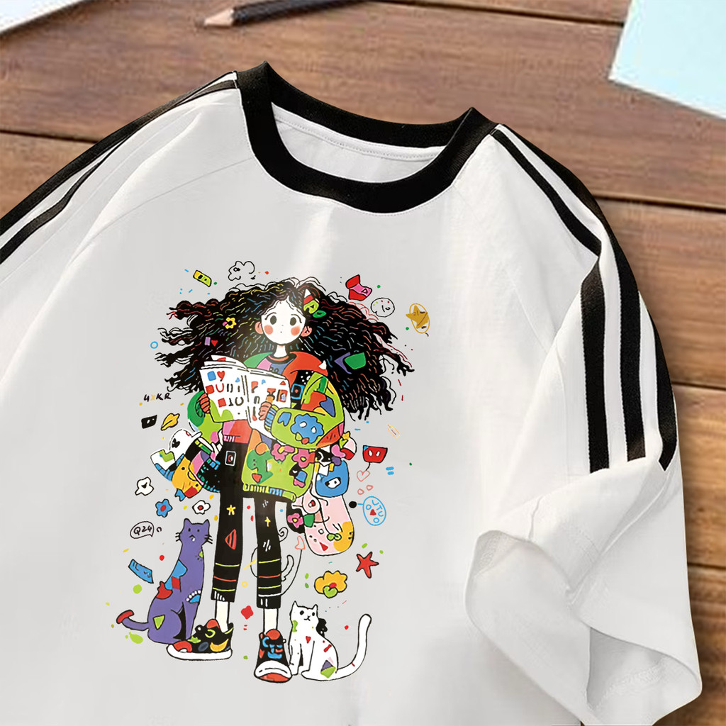 Tshirt Kaos Lengan Pendek Garis Tiga | Pola Kartun Anak Cewek | Oversize Lucu | 100% Cotton