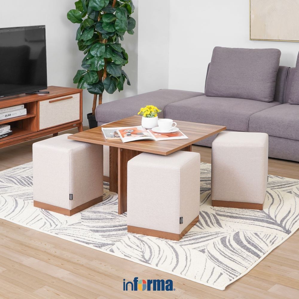Informa Set 5 pcs Malvin Meja Tamu & Bangku - Cokelat Coffee Table Meja Ruang Tamu Serbaguna Meja So