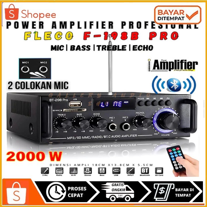 Paket Amplifier+mic2 Power Amplifier FLECO BT-198A Ampli Mini Bluetooth Stereo Karaoke promo new