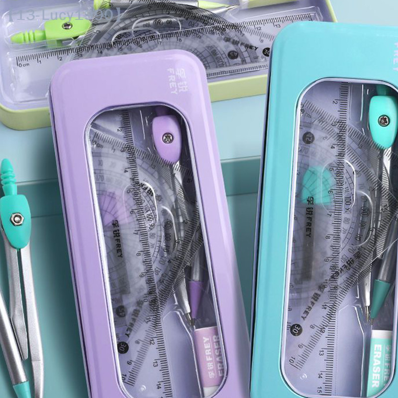 

【CCA13】7Pcs Triangle Ruler Protractor Rubber Student Exam Specific Ruler Box Kit Tool Compass And Ruler Sets School Supplies