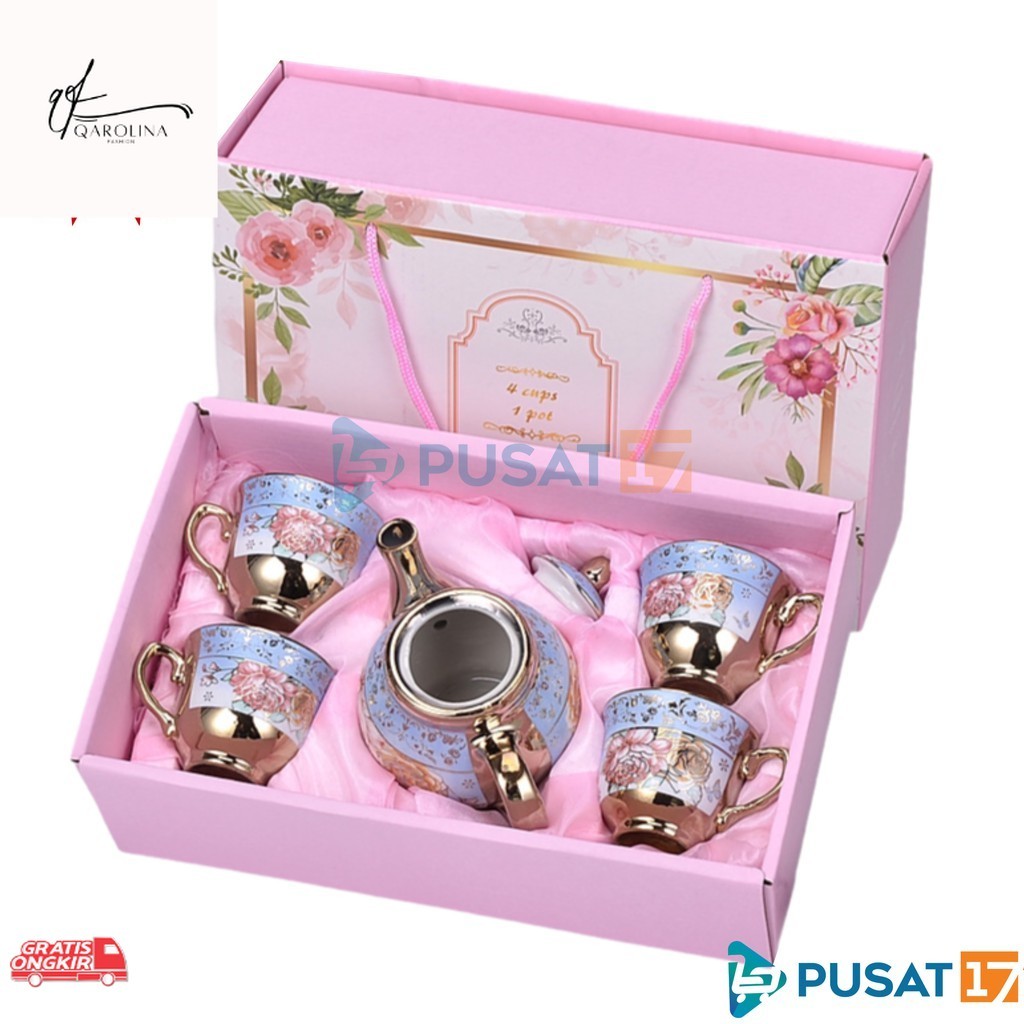 Hampers / TEA POT SET 4CUP C02 KERAMIK MOTIF BUNGA KLASIK CANGKIR TEH KOPI SET GELAS ANTIK SOUVENIR 