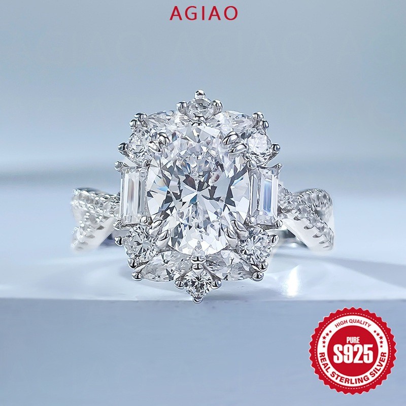 AGIAO Desain Mewah Cincin Berlian Oval Moissanite Emas Putih