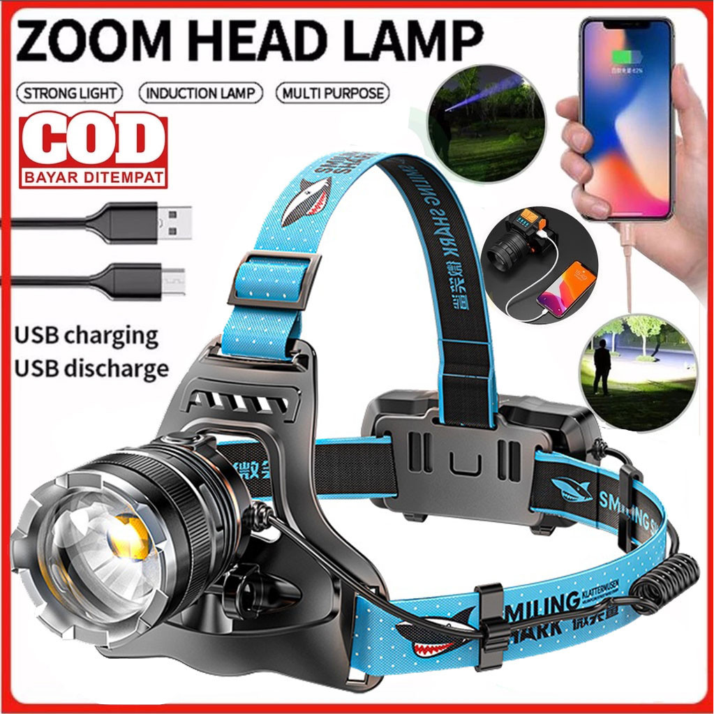100% AsliSenter Kepala LED/SMILING SHARK K225B/Lampu Kepala LED Super Terang/Smiling Shark