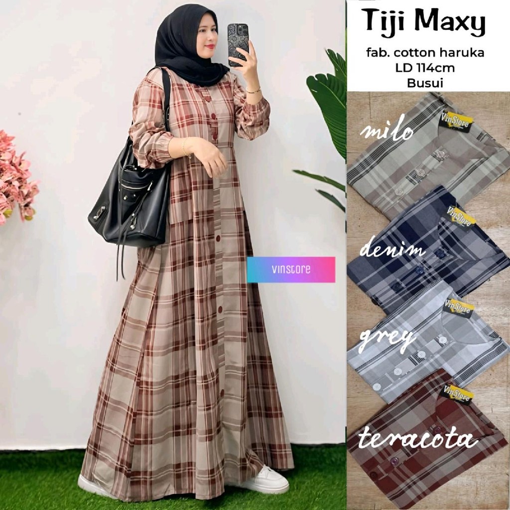 Tiji Maxy Dress Gamis Motif Kotak Busui Full Kancing