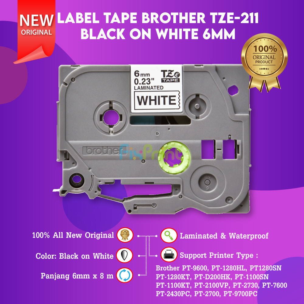 FixPrint Label Tape Brother Original TZE-211 TZE 211 TZE211 Black On White 6mm
