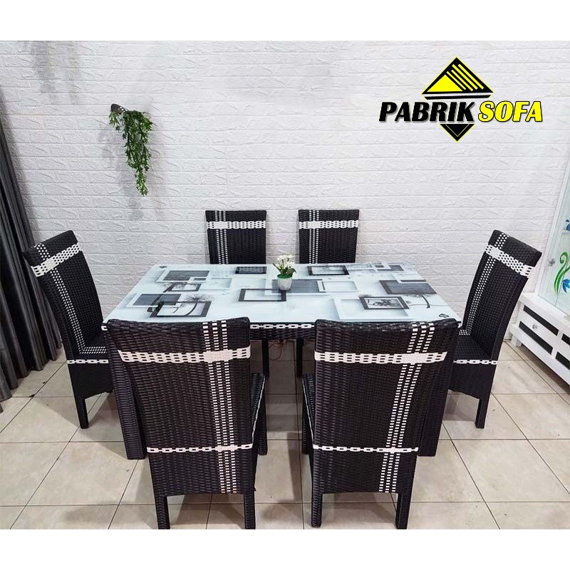 Meja Makan Rotan Sintetis 6Kursi Fullset + Kaca BREBES