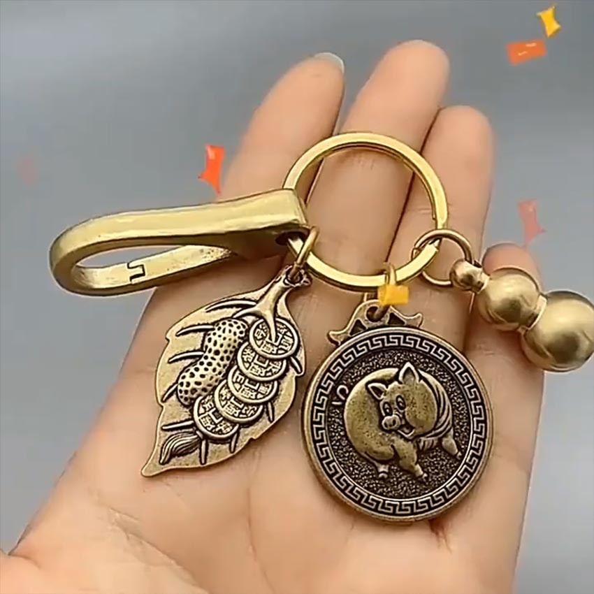 PRAMU Gantungan Kunci Shio Daun Hoki Koin Bahan Logam Kuningan Tradisional Chinese Keychain 12 Shio