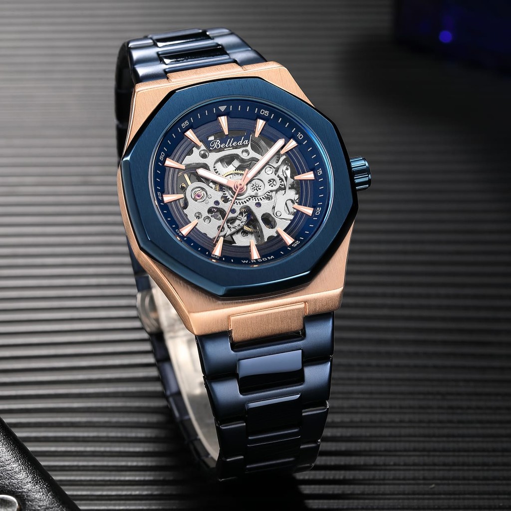 Jam Tangan Pria Automatic Belleda 9628 Rantai Stainless Fashion Cowok Mewah Anti Air Original