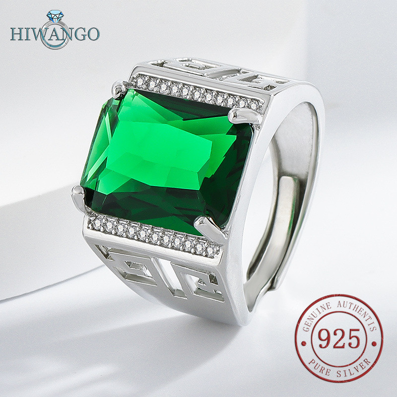 HIWANGO Cincin Batu Permata Hijau Berongga Berlapis Emas Putih 5A Zircon Untuk Pria