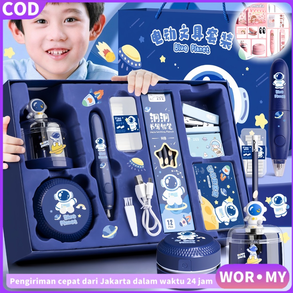 

【WOR·MY】11 in 1 Alat Tulis /Elektrik Rautan Penghapus Pensil Anak Alat Perkakas Belajar Anak Perempuan Kado Electric Stationery Set