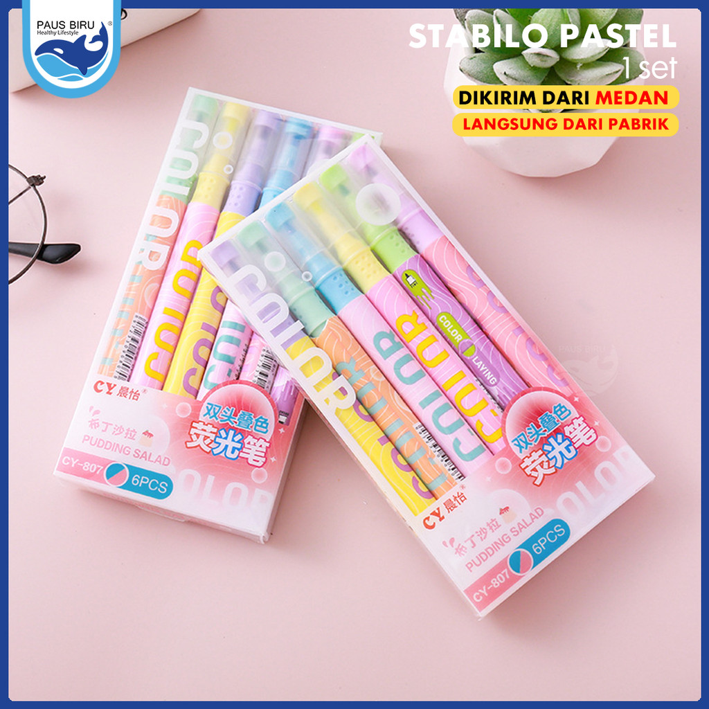 

Paus Biru - Stabilo Pastel 1 Set Layer Highlighter 2 Sisi 6 PCS 12 Warna Pastel Lucu