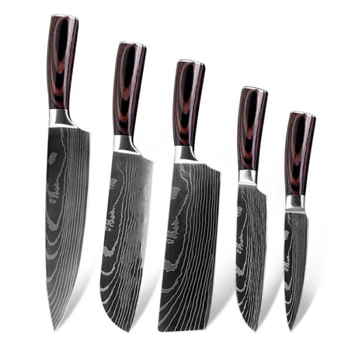 Set  Lengkap Pisau Dapur Jepang Knife Damascus Pattern Bahan Steel Tebal 5 PCS - DL5 Buah Ikan Kayu 