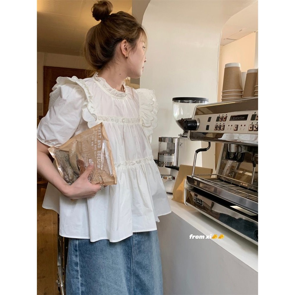 [ COD✅]JelitaCeria[18.000 orang memuji] musim panas bordir tepi telinga kayu kecil lengan pendek Tem