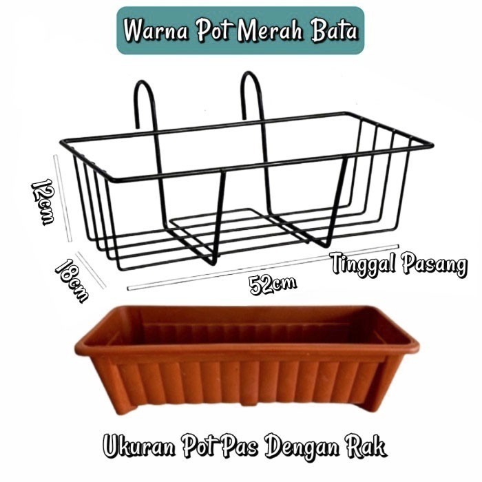 Rak Gantung Besi Untuk Pagar/Balkon + Pot Panjang Ukuran 50 - Hitam+Pot Marun