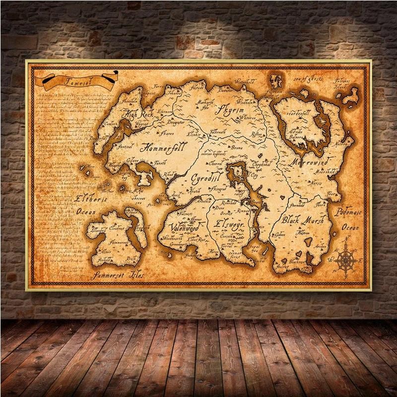 

Large Vintage Map Elder Scrolls Skyrim Gaming Poster Prints on Canvas Wall Art Picture for Living Room Home Decor