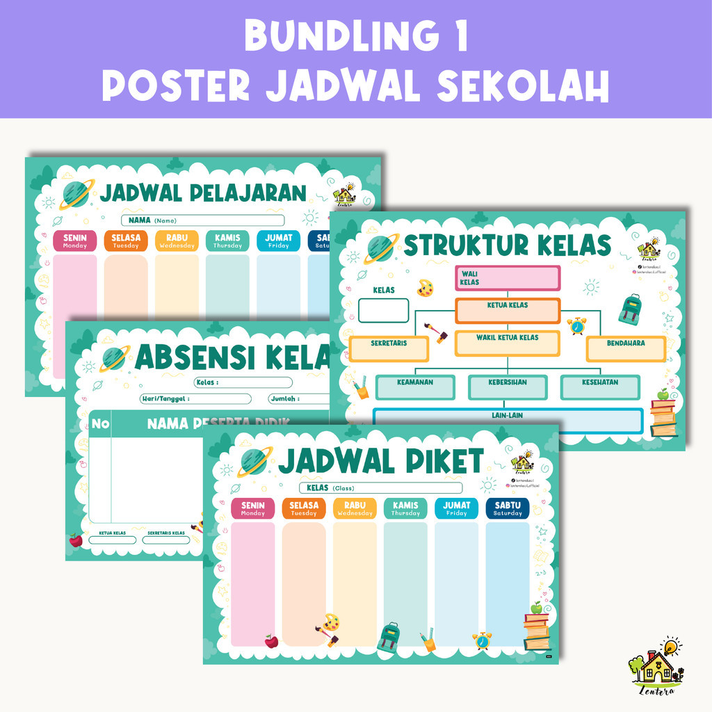 Paket BUNDLING 4 Poster Jadwal Pelajaran, Struktur Kelas, Jadwal Piket, Absensi Sekolah School Timet