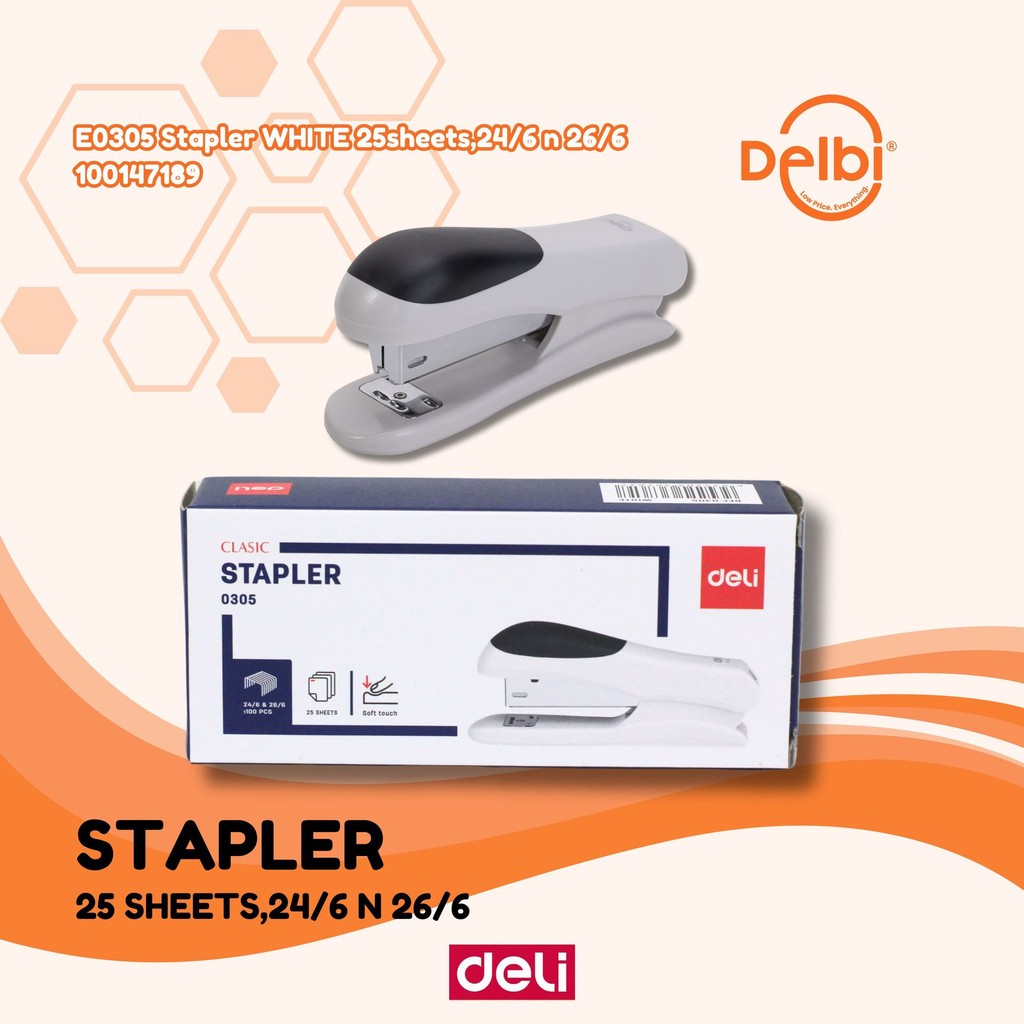 

Deli | Soft Touch Stapler Metal | 24/6 & 26/6 | E0305 E0305 Stapler WHITE & 25sheets,24/6 n 26/6