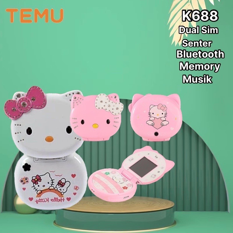 HP Hello Kitty Mini Phone K688 jadul Flip Cartoon Mobile Phone Unlocked Anak Mini Dual Sim