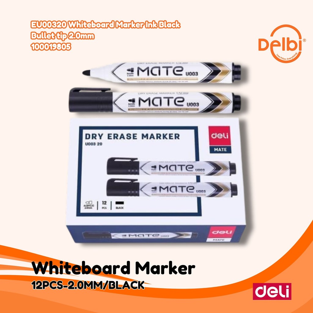 

Dry Erase Marker / Spidol Whiteboard Black Deli EU00320 Whiteboard Marker Ink Black Bullet tip 2.0mm