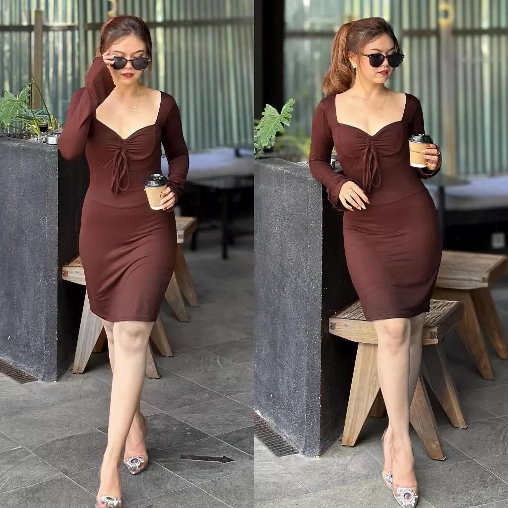 Midi Dress Casual Wanita Model Serut Bahan Spandeks - Pesta Gaun Mini Simple Dewasa