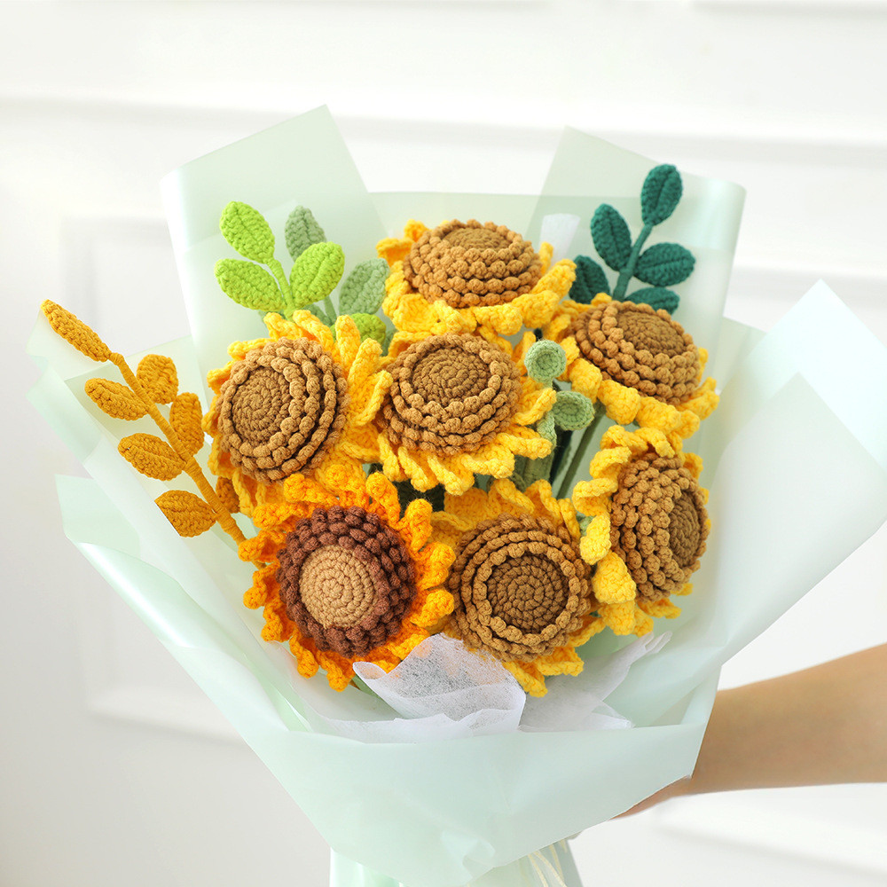 

Cute Finished Crochet Sunflower Bouquet Artificial Flowers Hand-Knitted for Women Mother Home Room Decor Flower Wholesales Gift