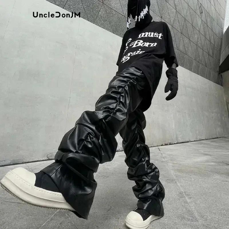 Pleated Leather Pants Men Motorcycle Leather Pants for Men Street Wear Faux Leather Pants Men HIP HO