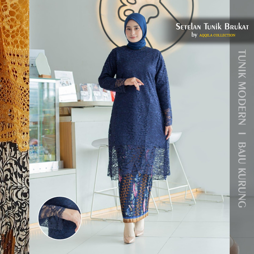 Navy - Setelan 𝗞𝗲𝗯𝗮𝘆𝗮 𝗧𝘂𝗻𝗶𝗸 𝗠𝗼𝗱𝗲𝗿𝗻 / Kebaya Wisuda / Baju Wanita / Baju Atasan Wanita Kekinian / Bru