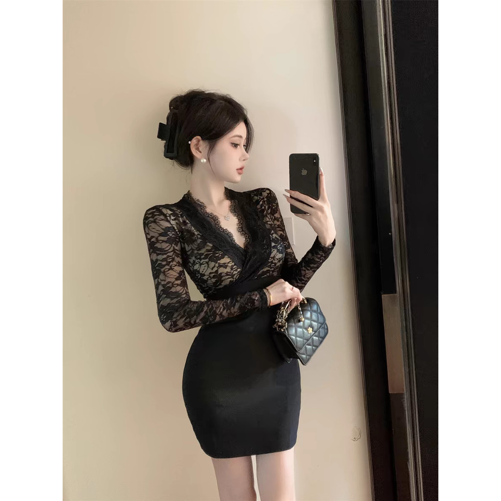 Dress Ketat Seksi Wanita, Gaun Ketat Lengan Panjang Jahitan Renda Dress