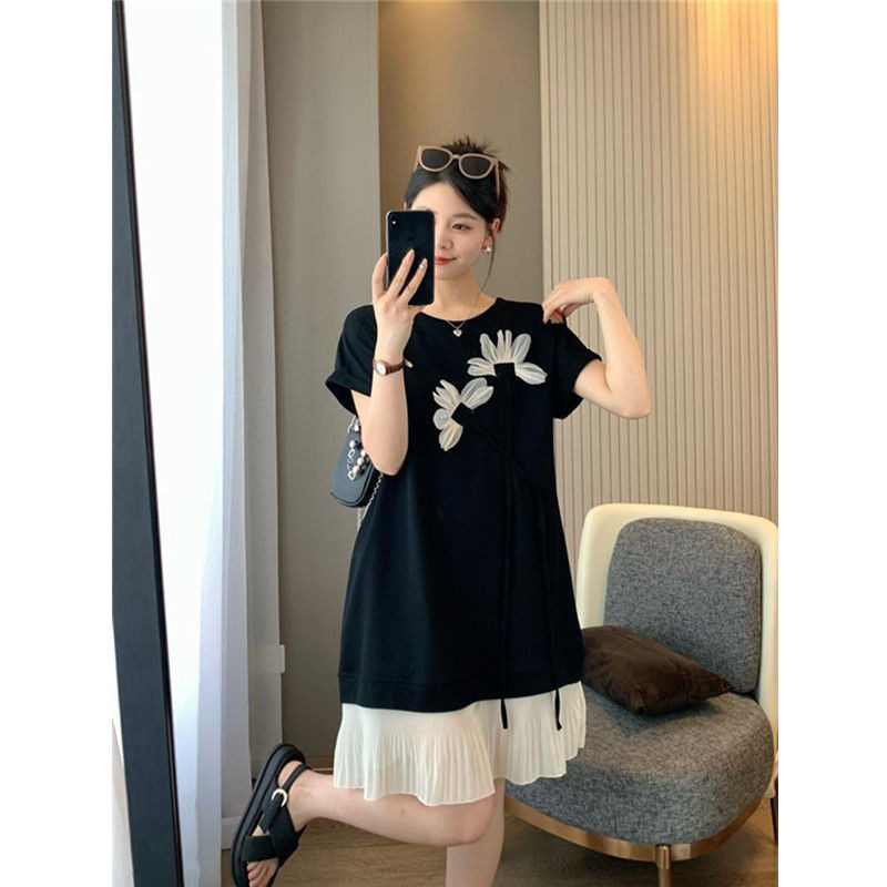 Dress Jumbo Wanita Gaun Big Size Korea Fashion  Bunga Tiga Dimensi Kasual Lengan Pendek