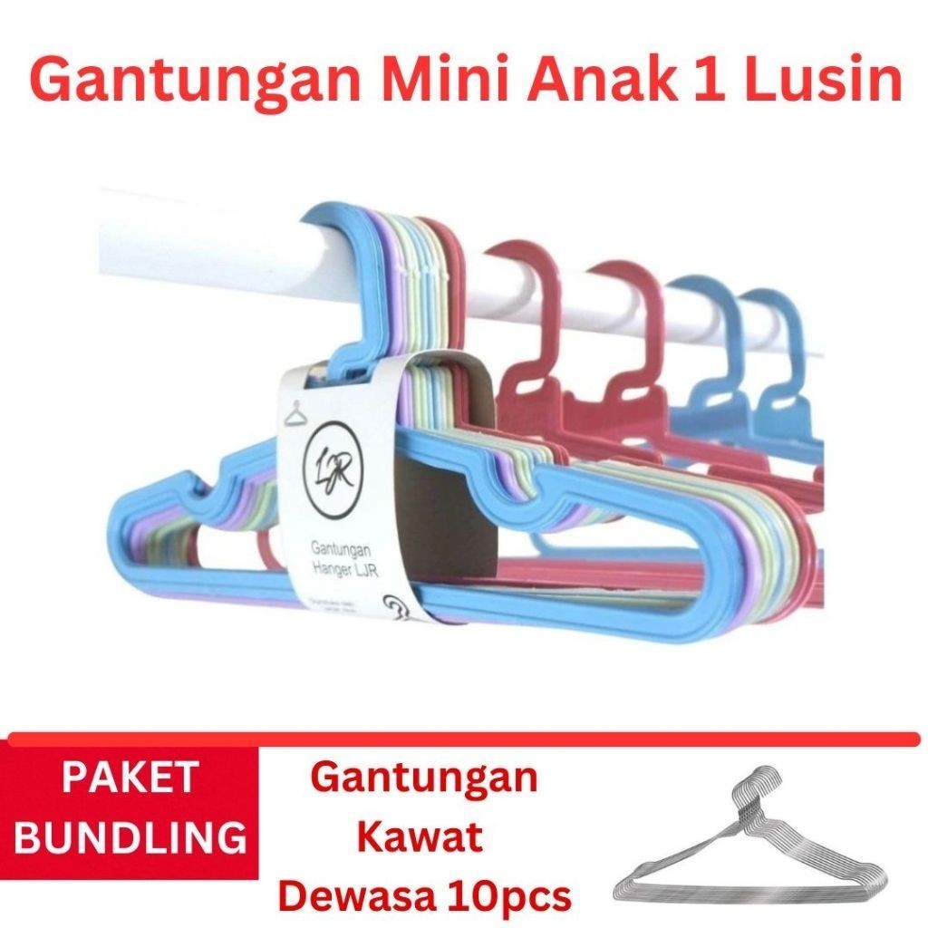 TS Gantungan Hanger Baju Bayi Plastik 1 Lusin + Hanger Kawat Dewasa 10 Pcs
