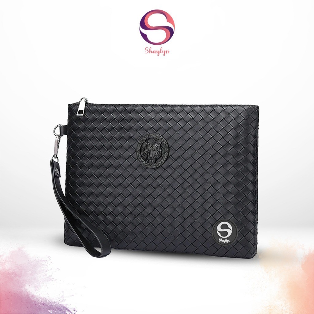 BAHAN PREMIUM / Dompet Clutch Kulit Tas Tangan Pria Motif Embos Tas Ipad Anyaman Unisex High Quality