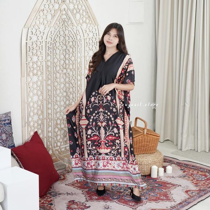 Kaftan Powysuit Lebaran Muslim wanita Motif Satin Silk Dress Jumbo 2025 - KA01 Hitam Motif