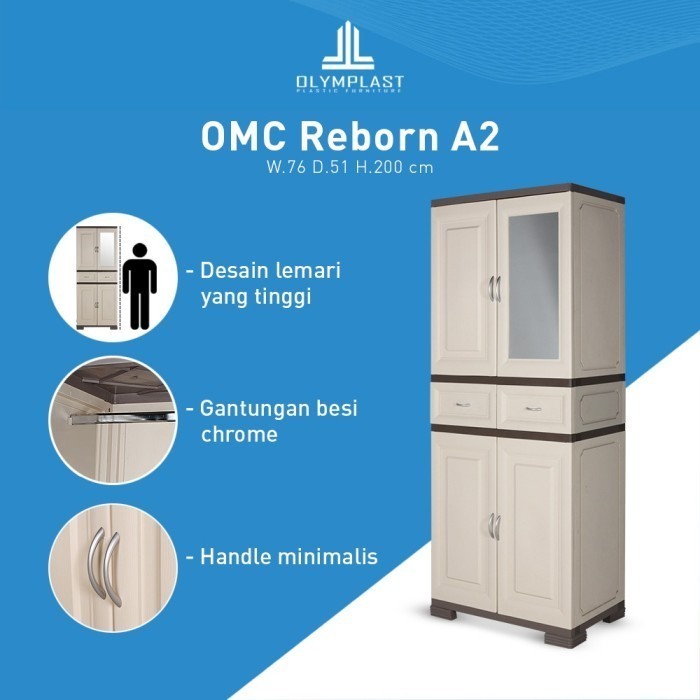OLYMPLAST OMC REBORN A2 / LEMARI PAKAIAN PLASTIK 2 PINTU + LACI + CERMIN / OMC REBORN A2