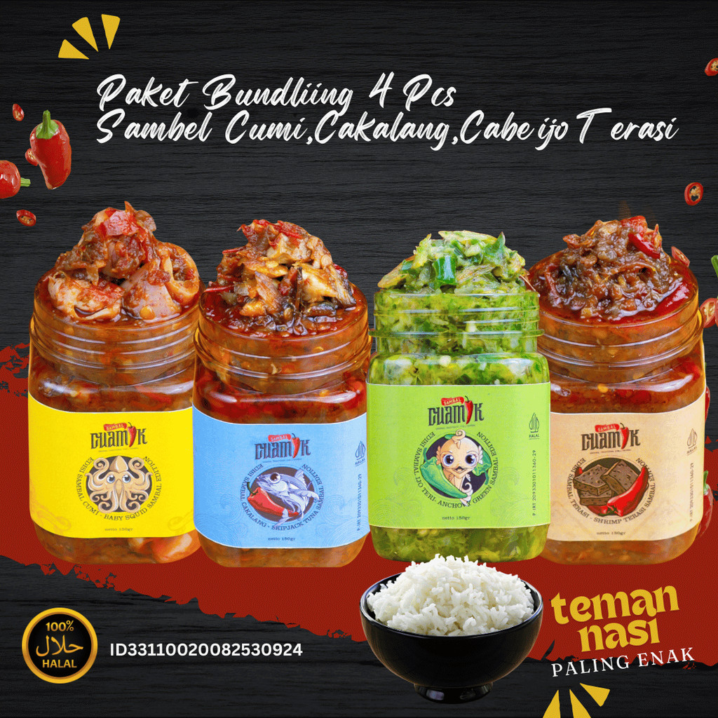 

Paket Bundling 4 pcs SAMBEL CUMI/SAMBEL CAKALANG/SAMBEL TERI IJO/SAMBEL TERASI - SAMBEL CUAMIK
