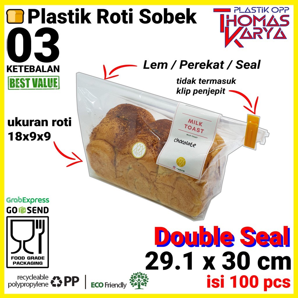 

Plastik Roti Sobek uk 29x30 30x30 isi 100 OPP Double Seal dengan Lem Perekat