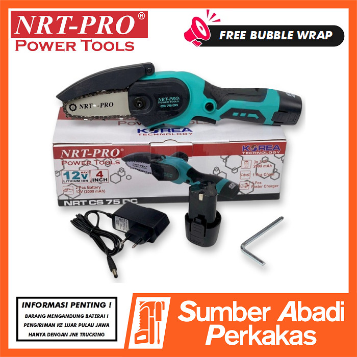 NRT-PRO CS 75 DC Mesin Cordless Mini Chainsaw 12V 4 Inch Gergaji Rantai Potong Kayu Chain Saw Gerind