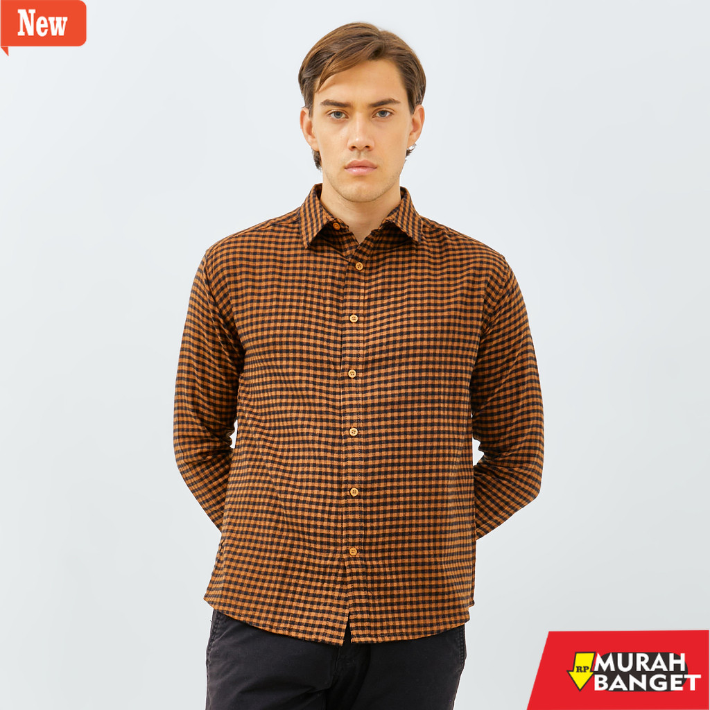 kemeja kotak kotak cowok PAULMAY Kemeja Flanel Pria Lengan Panjang Coklat 6706