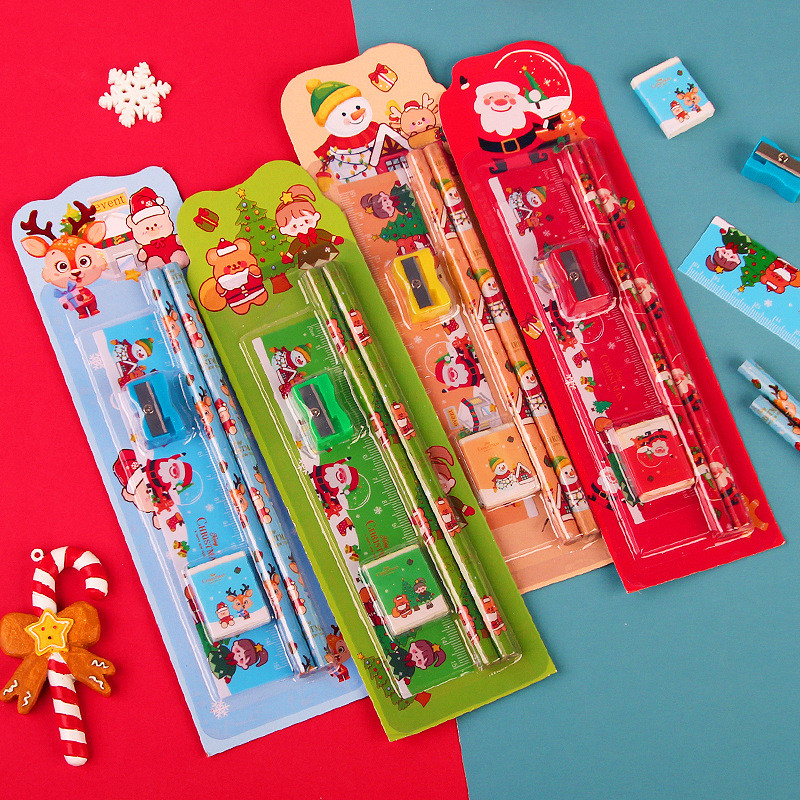 

5pcs/Set Christmas Kids Stationery Set Children Pencil Ruler Eraser Sharpener Set School Supplies Gifts Kindergarten Prizes